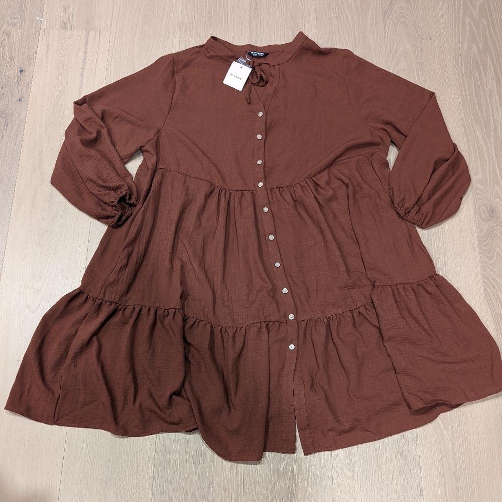 Brown Tiered Button-Down Dress